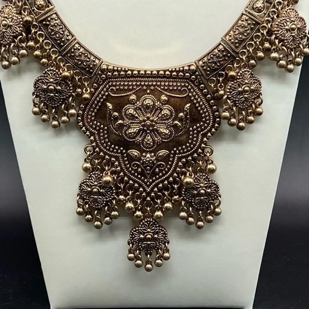 Middle Eastern Necklace Ornate Engravings Statement Collar Ethnic Gold Tone - Picture 2 of 9